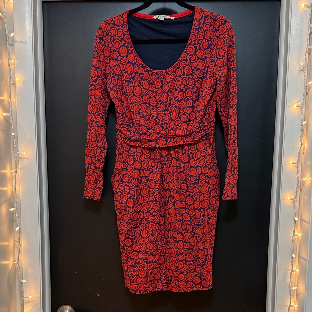 Boden Vibrant Red and Blue Patterned Long Sleeve Dress